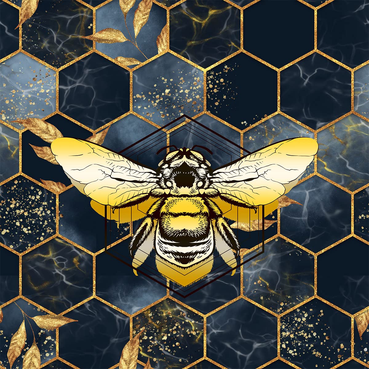 Honey Bee Fabric by The Yard,Geometric Honeycomb Marble Upholstery Fabric for Chairs,Modern Hexagon Cute Bee Fabric for Upholstery and Home DIY Projects,3 Yards,(L276*W150cm) Golden Blue