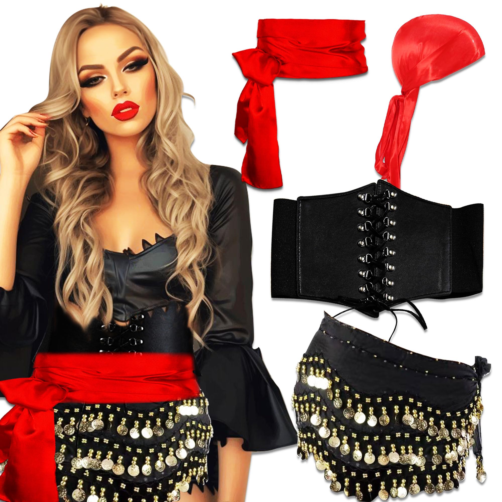 JeVenis Red Captain Pirate Costume Accessories Set Pirate Headband Wrap Waist Belt Carnival Music Festival Outfit