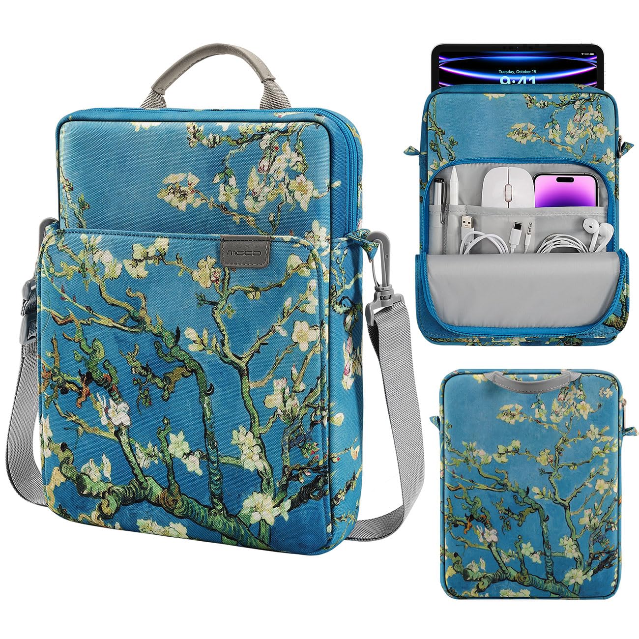 MoKo 9-11 Inch Tablet Sleeve Bag Handle Carrying Case with Shoulder Strap Fits New 11-inch iPad Pro M4/iPad Air M2, iPad 10th 10.9, iPad 9/8/7th 10.2, iPad Air 5/4th 10.9, Tab S8/S9 11, Apricot Flower