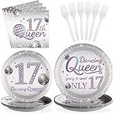 Grencian 96 Pcs Dancing Queen 17th Birthday Party Supplies Dancing Queen 17th Paper Plates and Napkins Disposable Silver Disco Party Tableware Set for Girls 17 Year Old Birthday Decorations Serves 24