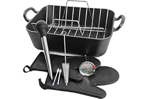 MDPQT 16x13” Roaster pan with rack(Cast iron)-Clad Specialty, Chef's Classic Rectangular Roaster with Rack (Meat Thermometer)