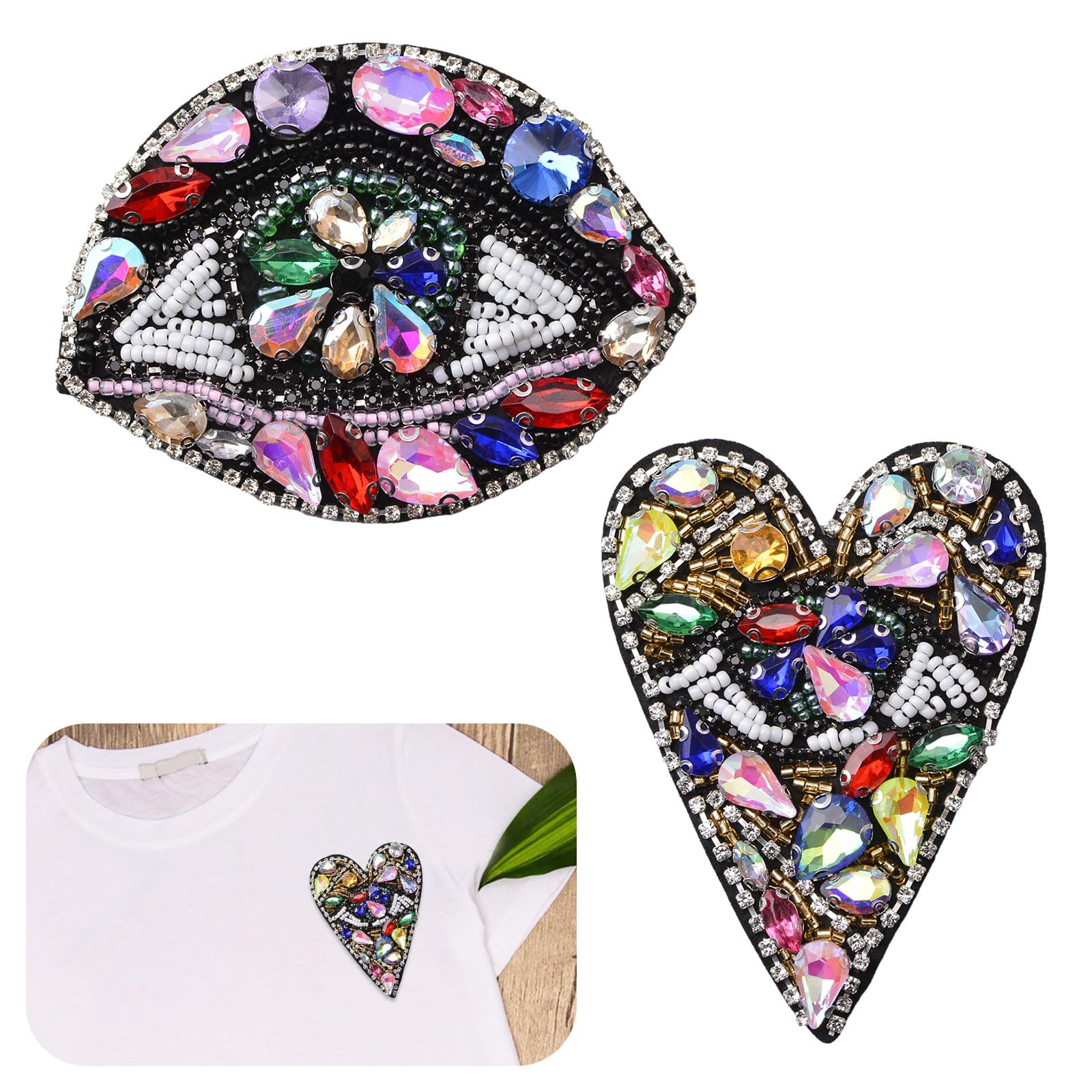 URROMA Evil Eyes Heart Beaded Patches, 2pcs Sew on Evil Eyes Heart Sequin Patches Evil Eyes Colorful Rhinestone Heart Applique Patches Bead Heart Patches for Clothing