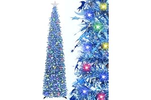 HMASYO 6 FT Pop Up Tinsel Christmas Tree with 100 Colored Timer Lights & Remote, Ice Blue Moon Star Collapsible Artificial Pencil Tree Xmas Decor for Home, Office, Party, USB Powered, Easy Assembly
