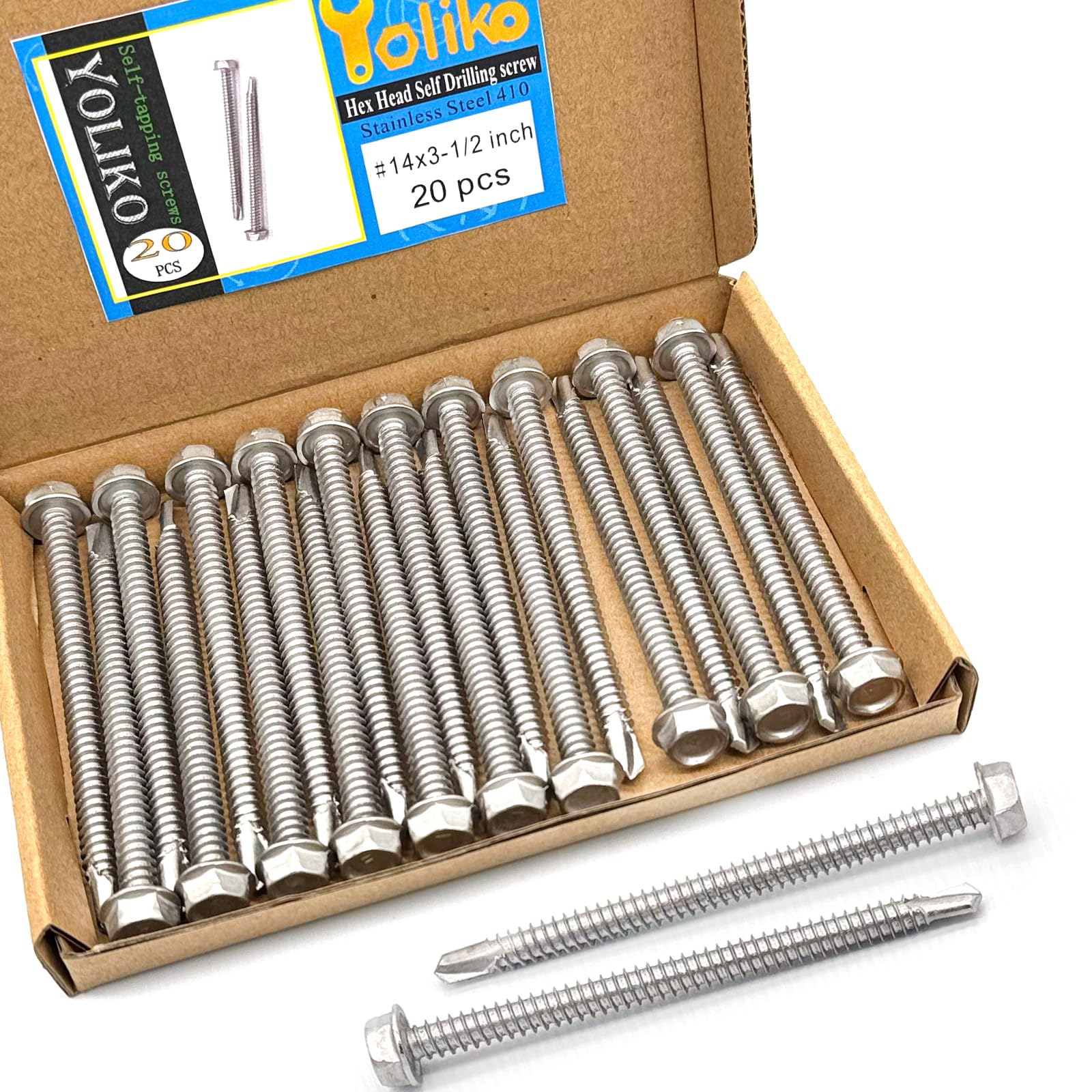 Photo 1 of #14 x 3-1/2" (1" to 3-1/2" Available) Hex Washer Head Self Drilling Screws, 410 Stainless Steel, Self Tapping Sheet Metal Tek Screws, 20 PCS
