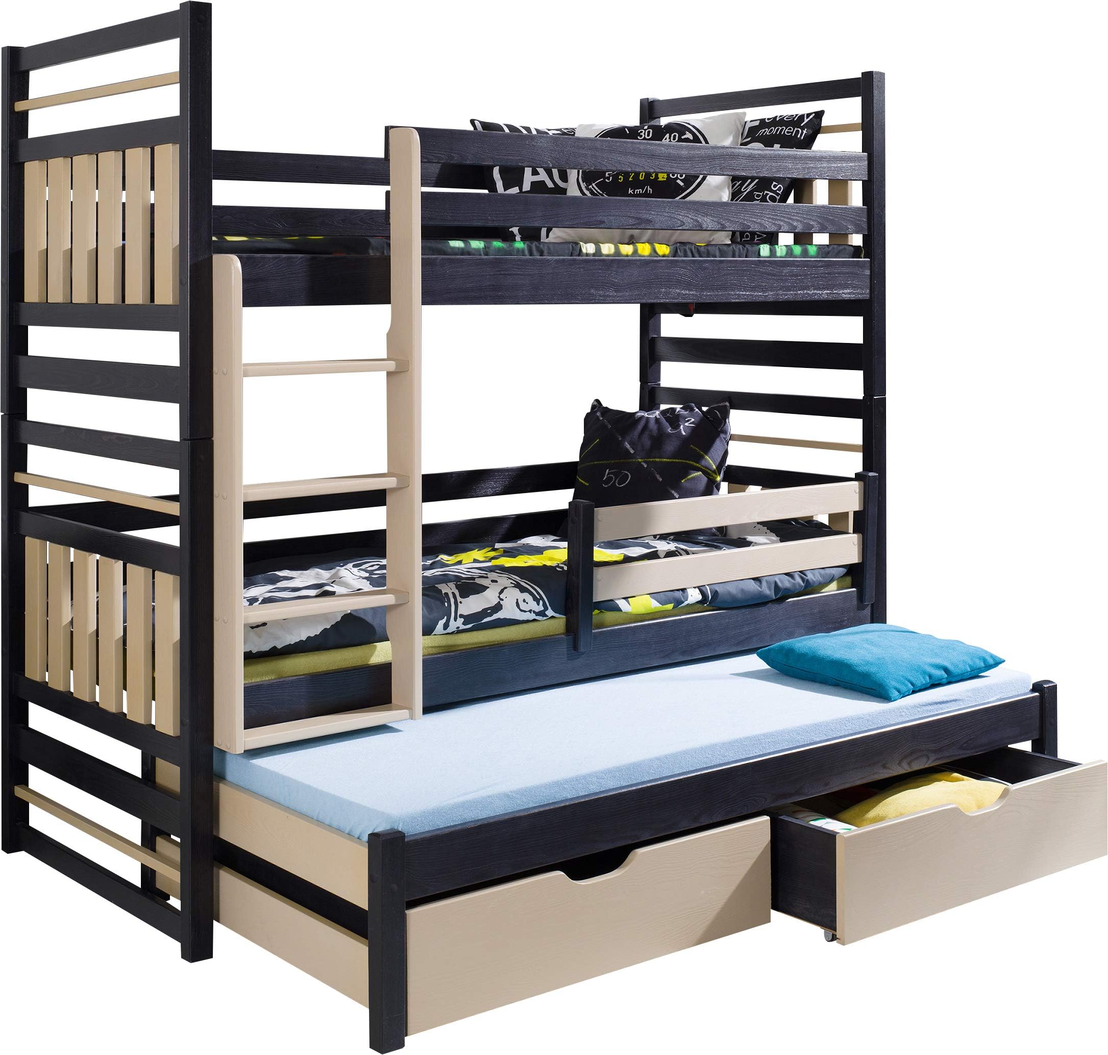 FurnitureByJDM Triple Bunk Bed - HIPOLIT - Solid, Natural Pine Wood With Mattresses and Storage Drawers. (Wenge/Cappucino)