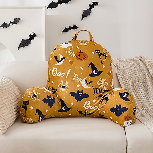 Guchuang Halloween Reading Pillow with Arms - Back Support Cushion for Bed & Sofa, Pumpkin Pattern Velveteen Cuddle Cushion with Filling Included, Festive Decor & Gift Idea (Pumpkin, 64x46x25cm)