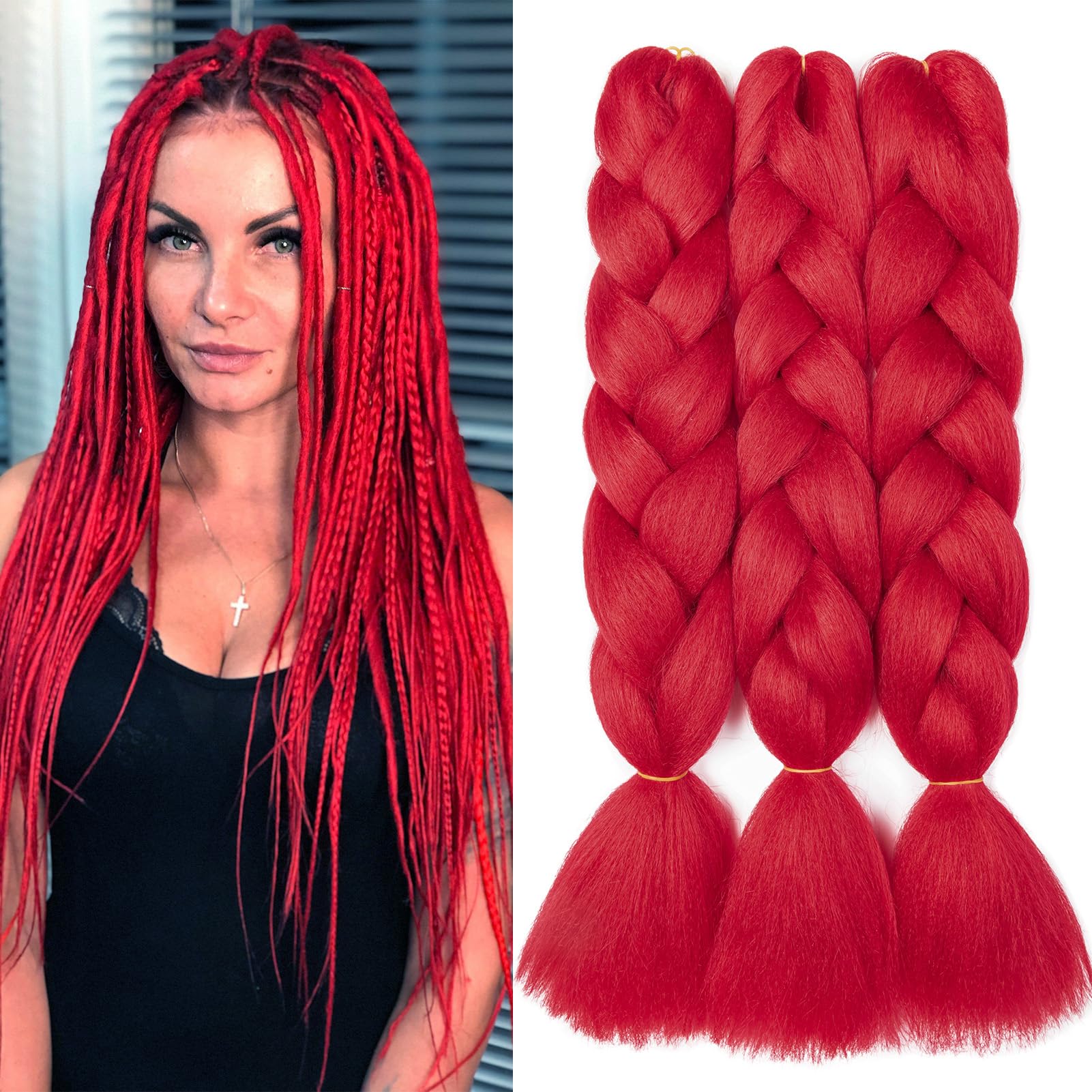 Dcbaboo Jumbo Braiding Hair Extensions 3packs 24inch Hair Extensions for Braiding Synthetic Hair Kanekalon Ombre Braids Hair Extensions Afro Crochet Braids Twist Hair Extensions 300g, Red — image 1