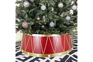 HarcoHome Christmas Tree Collar, 28.4" Festive Drum Design Tree Ring, Durable Plastic with Mirror Finish, Easy to Assemble and Clean, Pet-Proof Base Cover for 8ft Trees (Red and Gold)