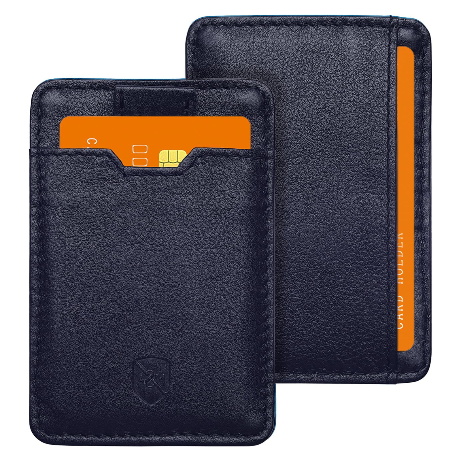 ALLEN & MATE 100% Leather Slim Minimalist Wallet for Men – RFID Blocking Credit Card Holder with Smart Strap – Holds 5 Cards – Compact Front Pocket Wallet (Navy Blue)