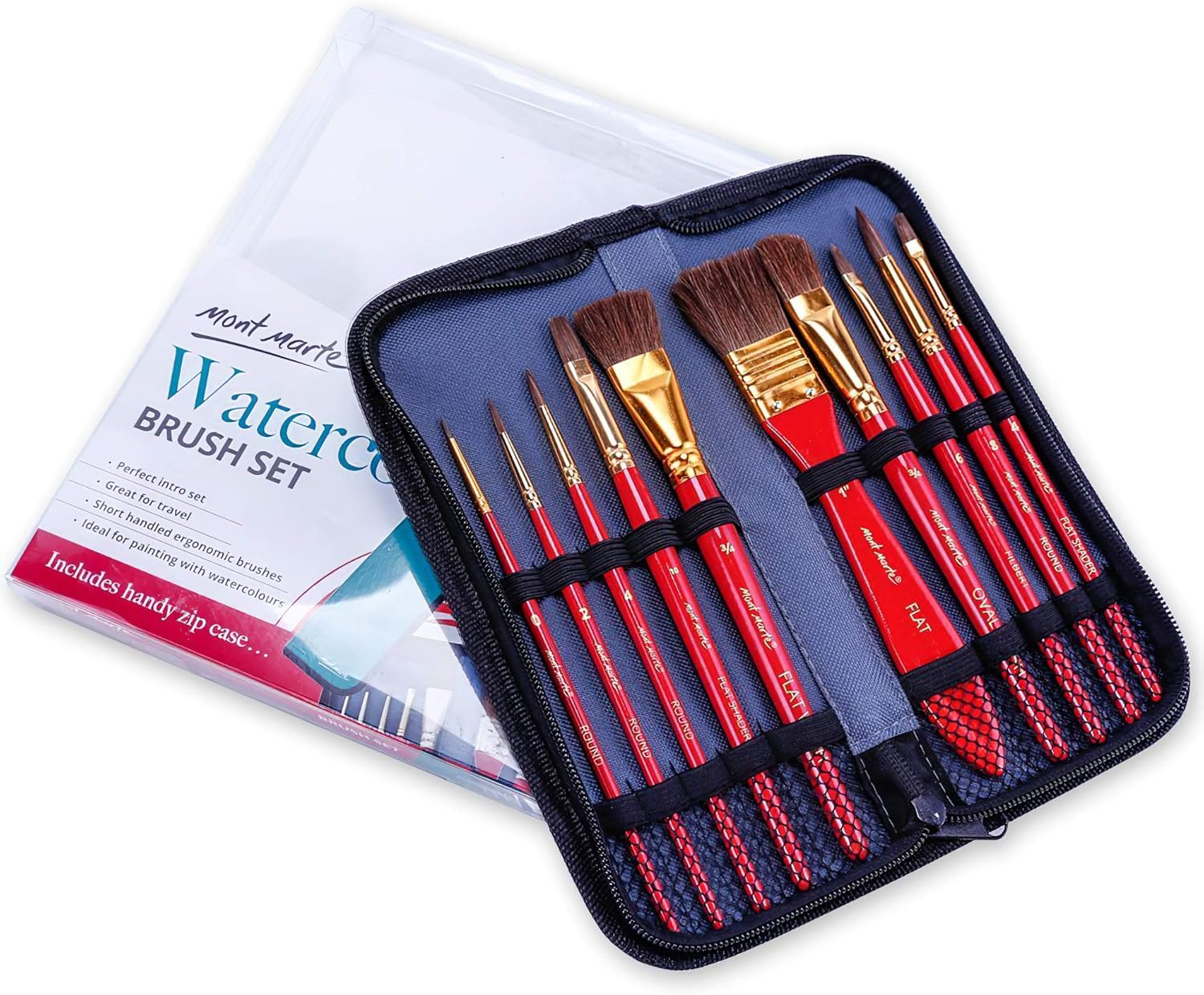 MONT MARTE Watercolour Paint Brush Set 10 Bristle Brushes in Wallet