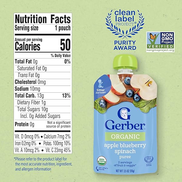 GERBER ORGANIC APPLE BLUEBERRY SPINACH BABY FOOD, 3.5 OZ POUCH