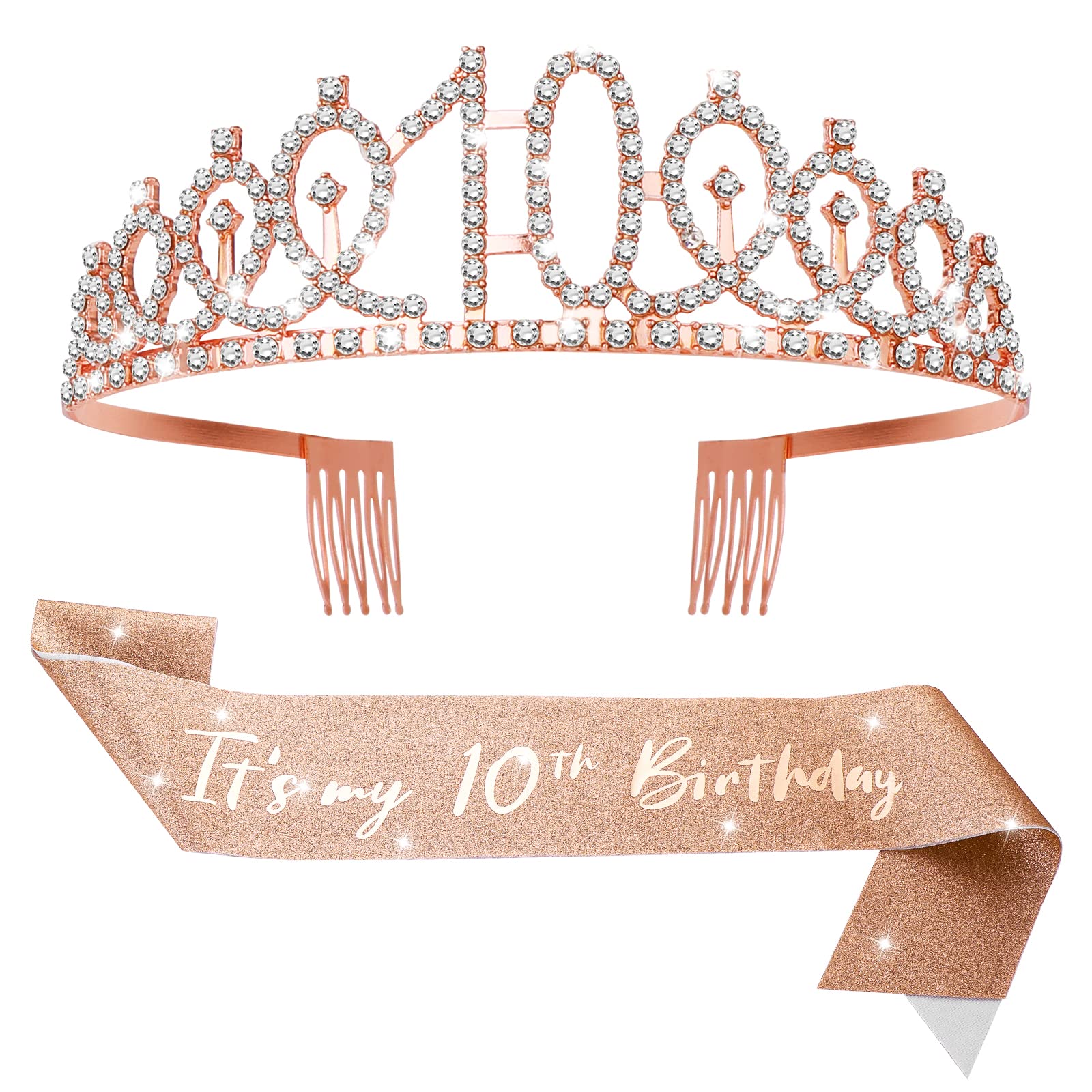 Abeillo 'It's my 10th Birthday' Sash and Tiara for Girls, Rose Gold Birthday Crown 10 & Fabulous Decoration Satin Sash 10th Birthday Gifts for Happy 10th Birthday Party Favor Supplies