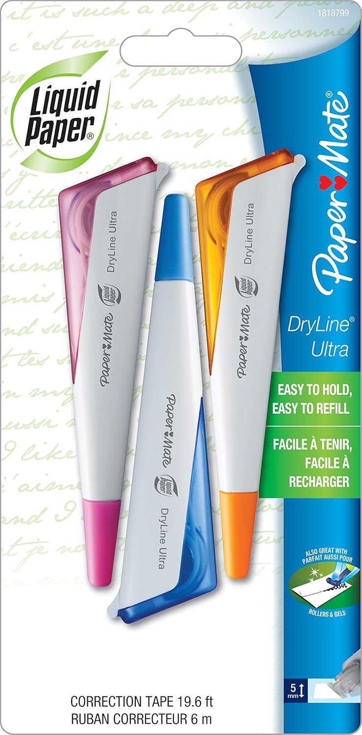 Paper Mate Liquid Paper DryLine Ultra Correction Tape, Assorted Colors, 3 Count : Office Products