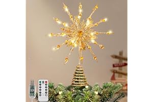 Lewondr Christmas Tree Topper, 12.2'' Metal Xmas Star Tree Topper with 20 LED Bulbs, USB Powered Glittered 12-Pointed Treetop