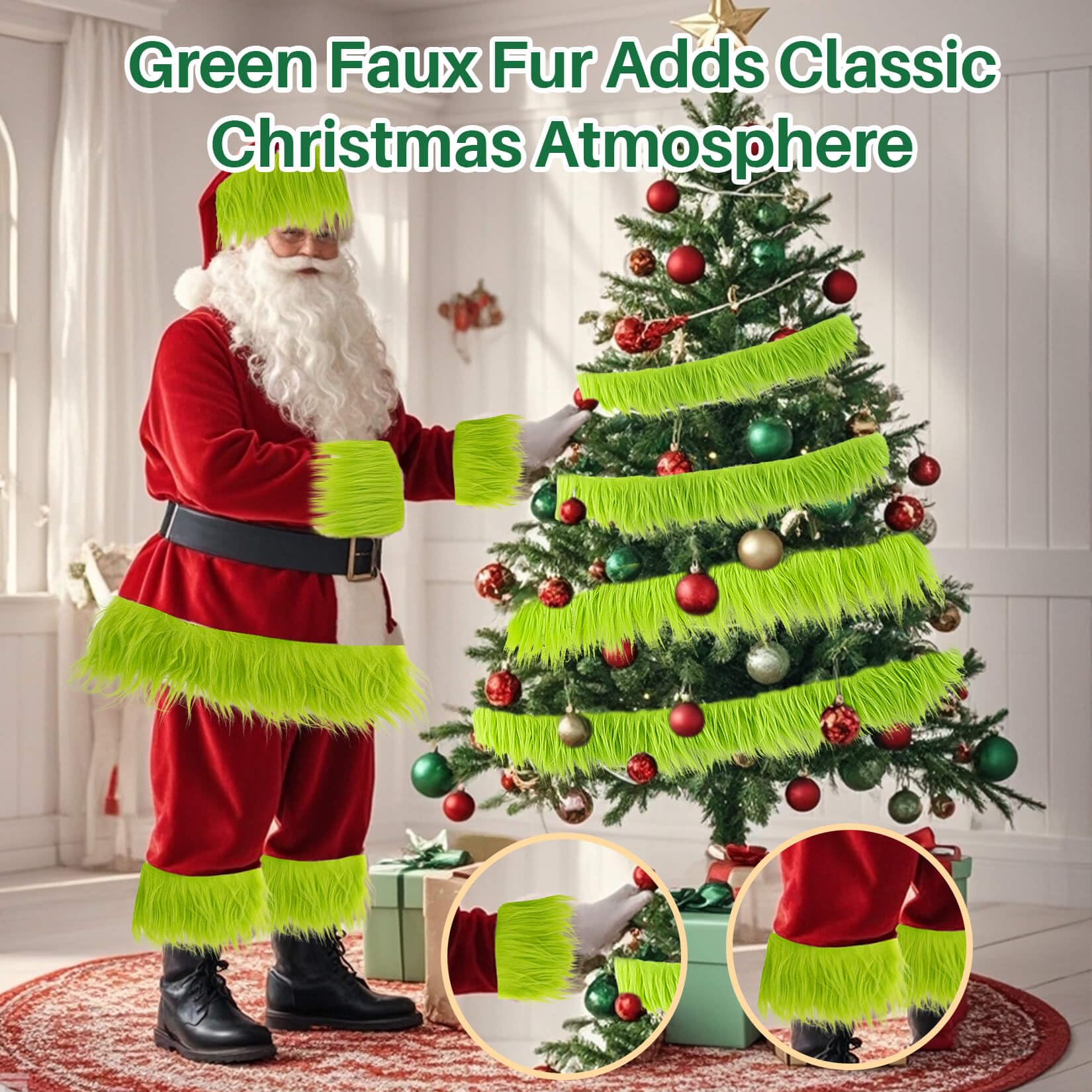 Sukh Shaggy Faux Fur Fabric - 2 x 60 inch Green Faux Fur Trim Precut Fabric Strips Soft Plush Patches for Fuzzy Craft Christmas Tree Trim Gnome Beard Cosplay Costume (1)