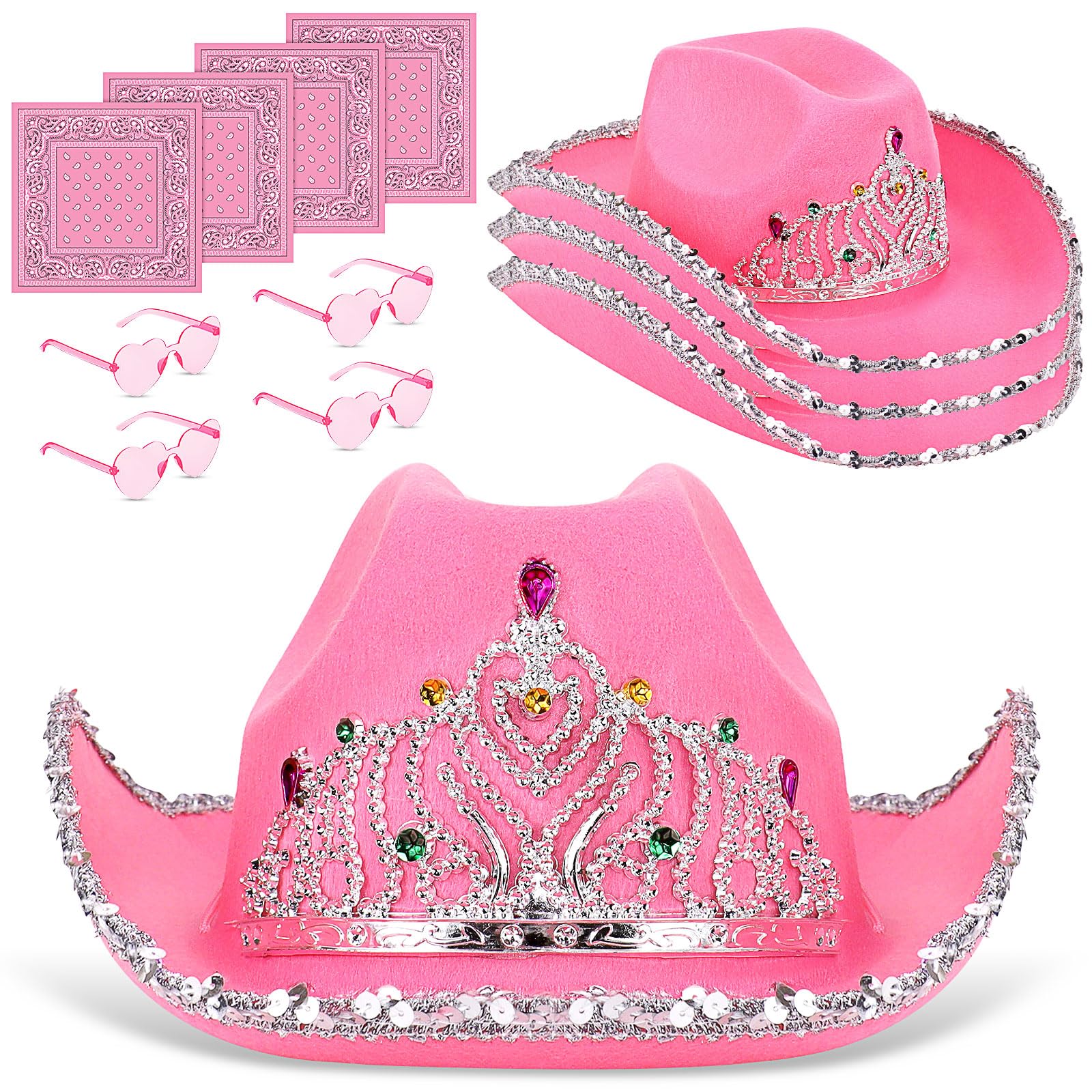12 Pcs Western Cowgirl Cowboy Hat Light Up with Tiara Crown with Heart Glasses Bandana for Halloween Costume Party (Big Crown)