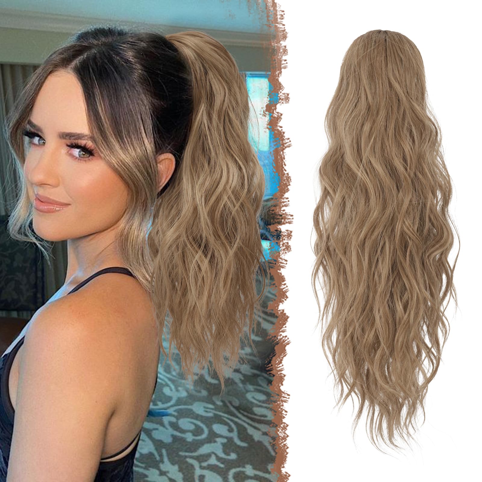 FESHFEN Ponytail Extensions, Drawstring Ponytails Hair Extension Light Brown Mix Natural Blonde Long Curly Wavy Hair Piece Synthetic Pony Tail Hairpieces for Women, 18 inch