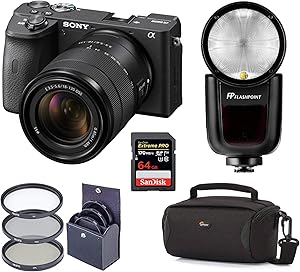 Sony Alpha a6600 Mirrorless Digital Camera with 18-135mm Lens Speedlight Bundle with Flashpoint Zoom Li-on X R2 TTL Flash, Bag, 64GB SD Card, Filter Kit