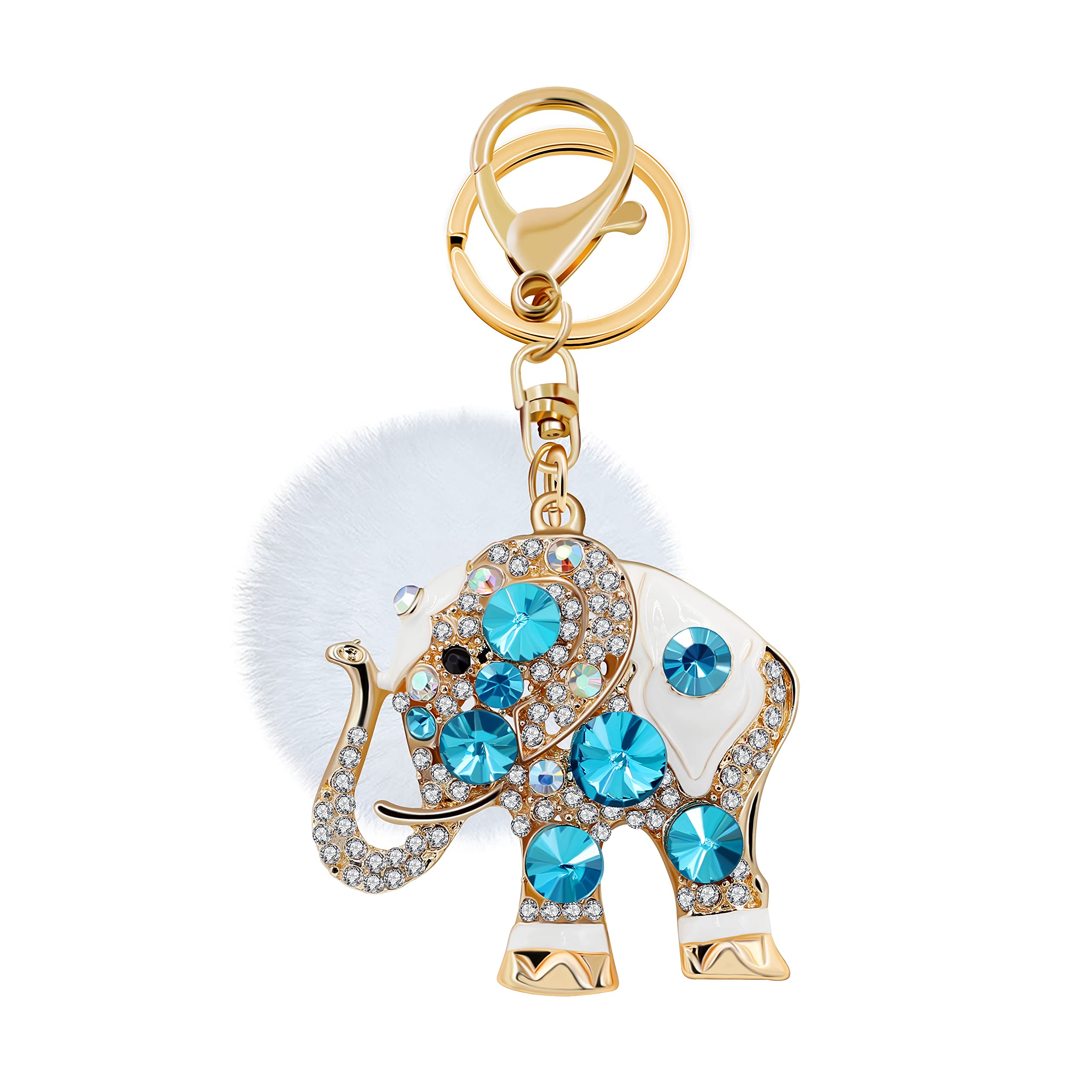 Uloveido Good Luck Blue Crystal Elephant Keychains with White Fur Ball for Teen Girls Kids — image 1
