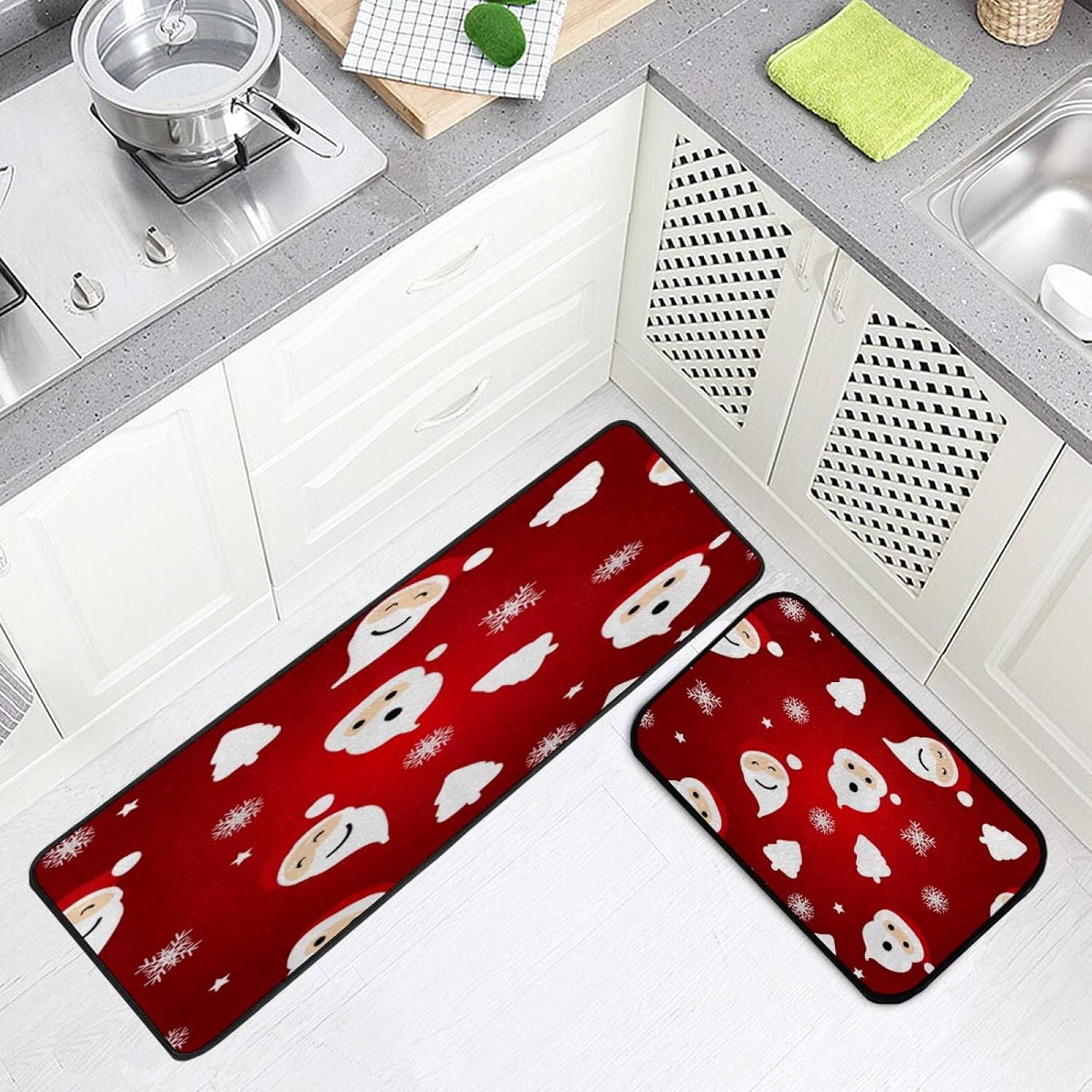 Christmas Santa Snow Pattern Red Area Mat Kitchen Mats Doormat Non Slip