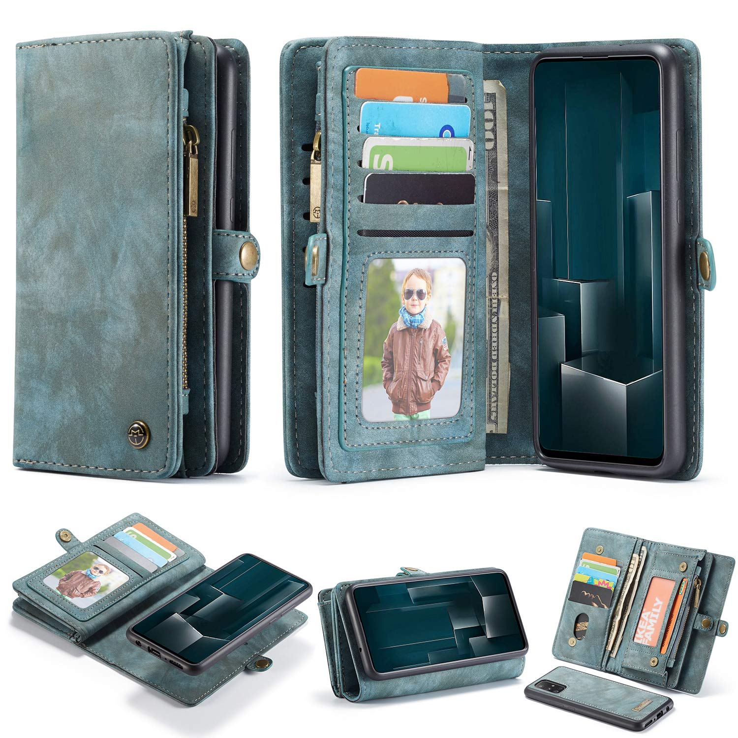 ANROD Detachable Leather Wallet Case for Samsung Galaxy A51,CaseMe Magnetic Closure 2-in-1 Flip TPU Shockproof Zipper Purse Back Cover with Card Slots (Blue)