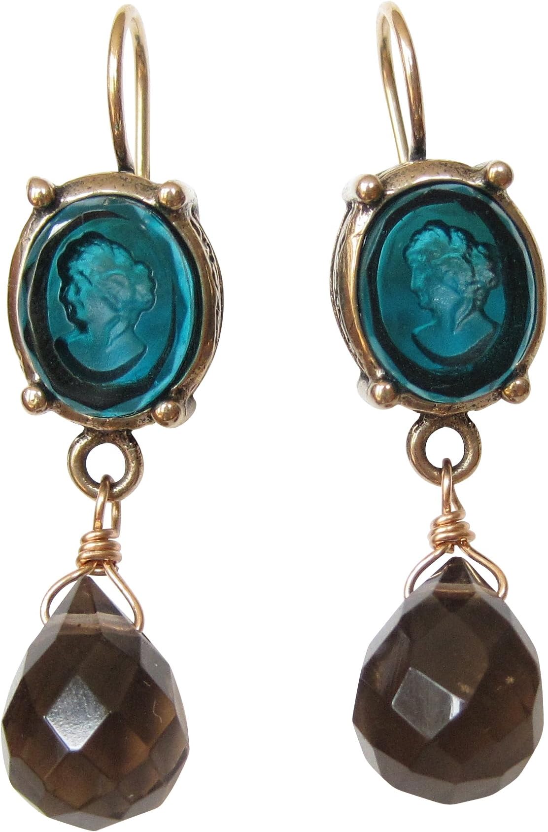 Extasia Cameo Teal Earrings with fronds Tear Drop Shaped Pendant
