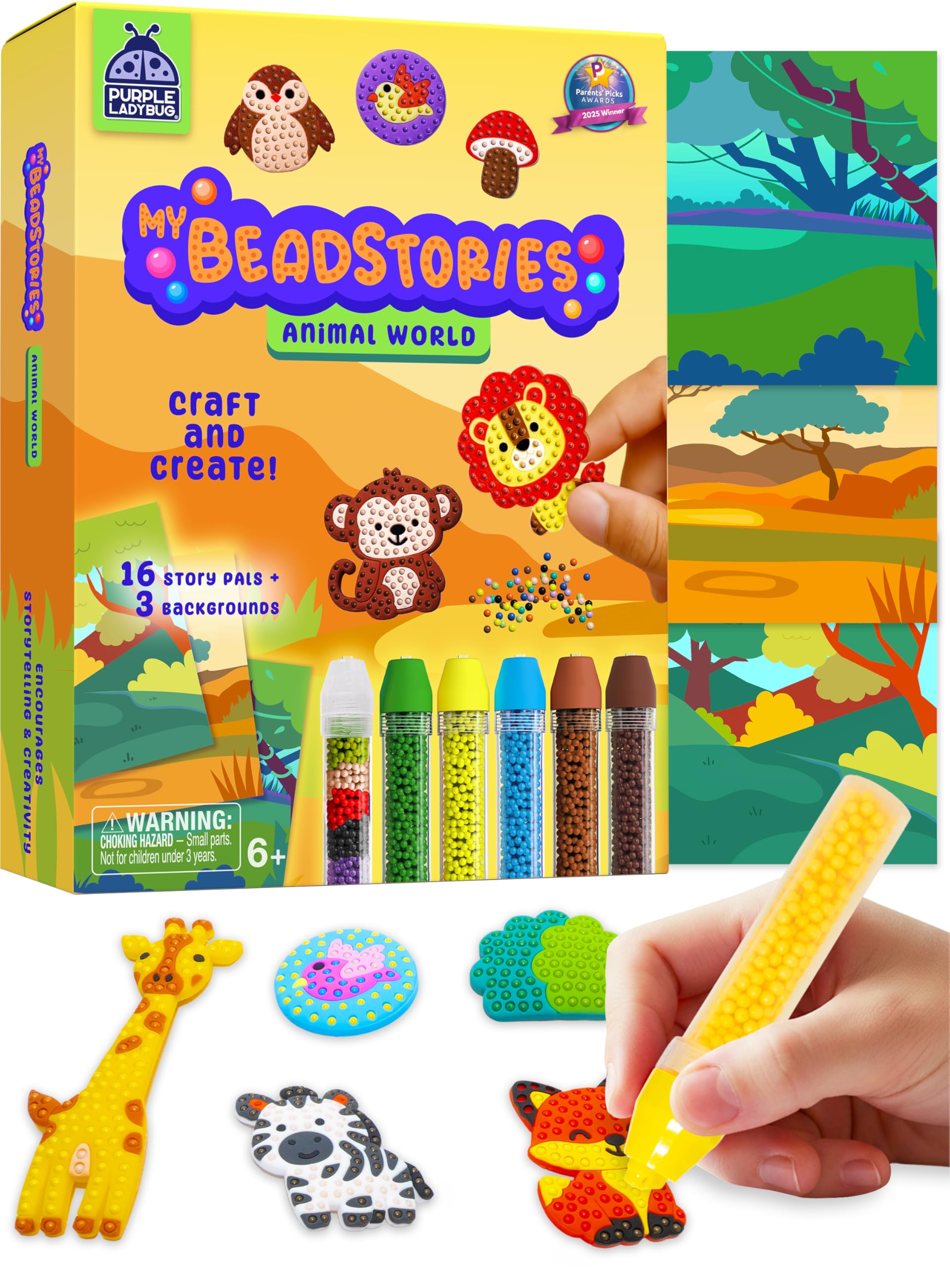 PURPLE LADYBUG Magical Bead Painting for Kids- Animal World Theme Birthday Gift for Boys & Girls Ages 4-8 Years Old, DIY Mosaic Arts & Crafts Kit with Colorful Templates, Beads Pen