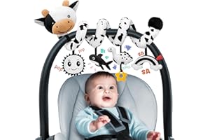 STUFFED Spiral Car Seat Baby Toys 0-6 Months, Infant Carseat High Contrast Sensory Toys Hanging Stroller Accessories, Newborn Christmas Shower Gifts for Baby Boys Essentials Stuff, Cute Black and White Cow