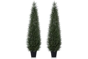 PISKOAN Artificial Cedar Topiary Tree for Outdoor,5FT Tall Faux Cedar Pine Trees,Potted Fake Cypress Plant with UV Resistant Leaves for Front Door Decor,Porch,Garden,Entryway, Set of 2