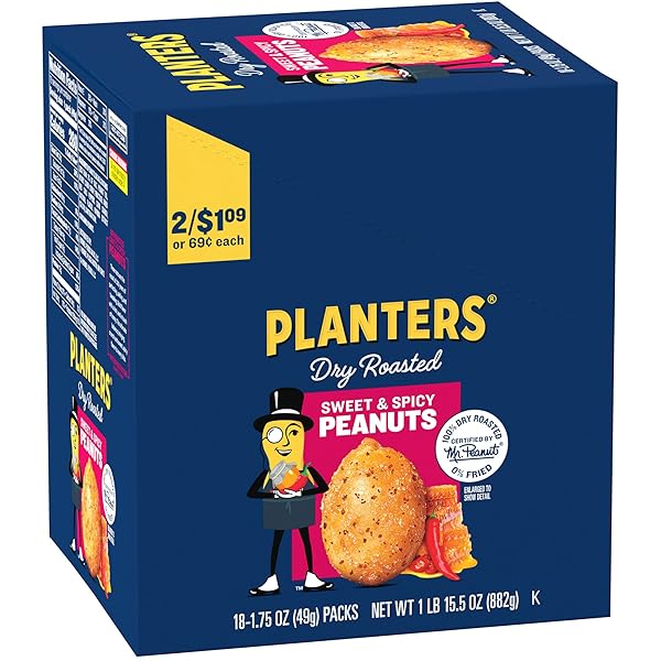 PLANTERS SWEET AND SPICY PEANUTS, DRY ROASTED PEANUTS, SPICY NUTS, NUTS INDIVIDUAL PACKS, PARTY SNACKS, SNACK NUTS, SNACKS ON THE GO, KOSHER, 1.75OZ (18 PACK)