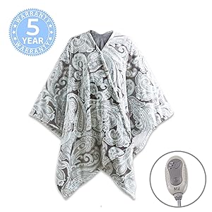 MP2 Electric Heated Poncho Shawl Wrap Sherpa Throw Blanket with Buttons Auto Shut Off 50"x 64", Paisley