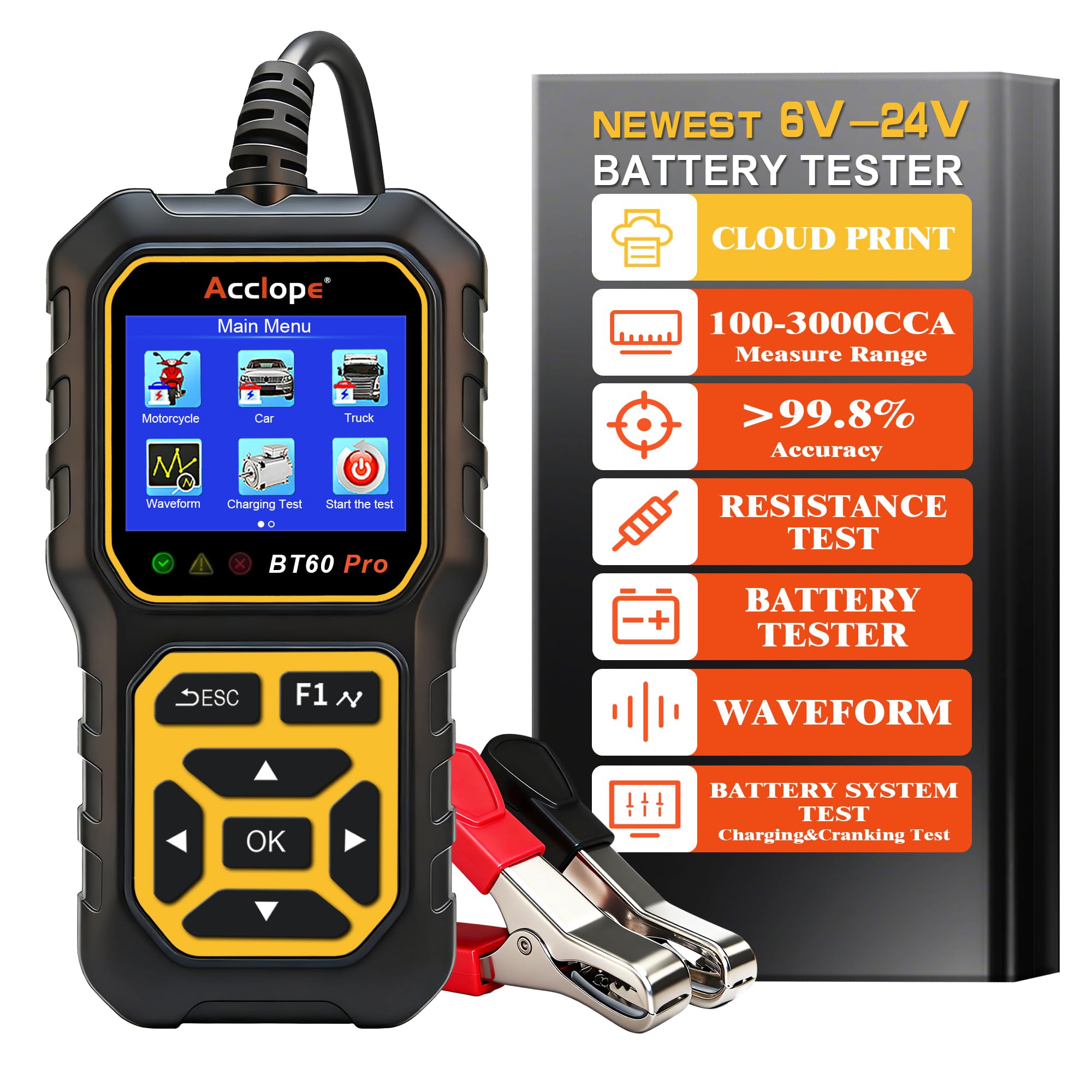 Acclope BT60 Pro Car Battery Tester, Digital Analyzer with Cloud Printing, 100-3000 CCA Range for 6V/12V/24V AGM, Lithium, Gel Batteries, Automotive Charging System Image