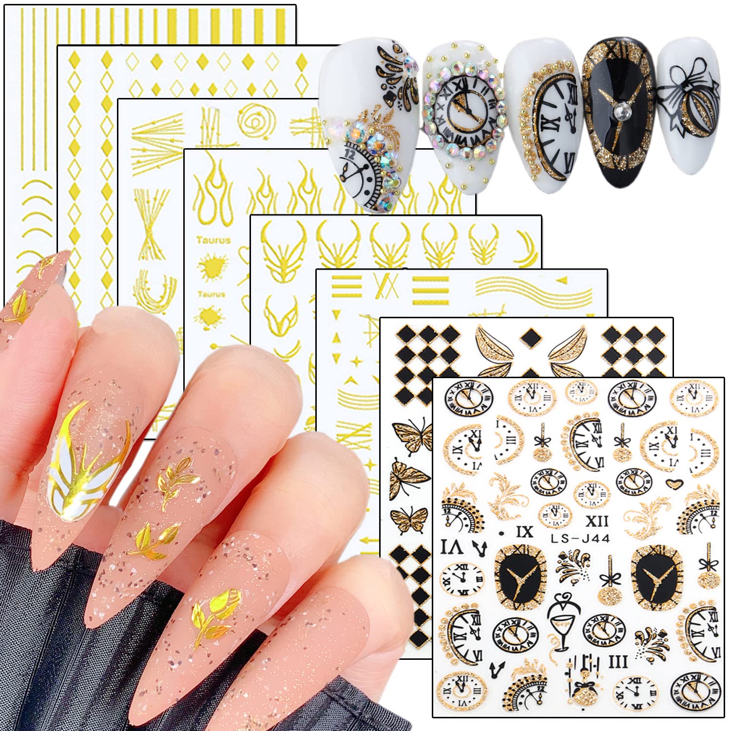 Gold Nail Art Stickers, Wave Line Chains Flame