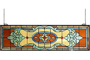 Yogoart 32 Inch Width Horizontal Stained Glass Window Hangings Tiffany Glass Window Panel 9 Inch Height