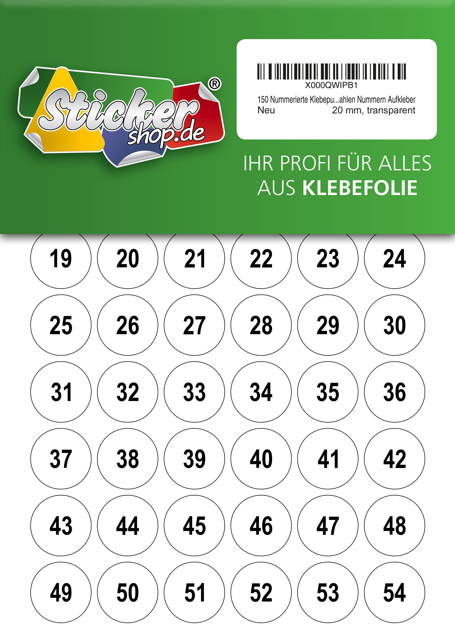 150 numbered adhesive dots, 20 mm, transparent, made of PVC film, weatherproof, marking dots, circles, dots, numbers, stickers.