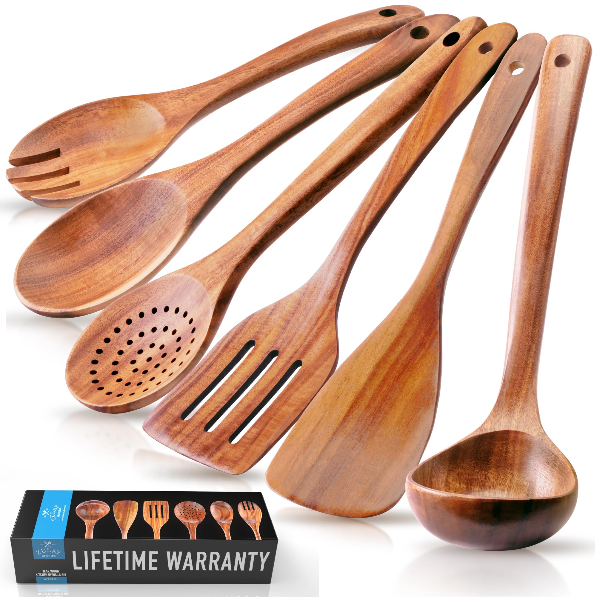 Zulay Kitchen Extra-Large 6-Piece Wooden Spoon Set - Smooth Teak Cooking Utensils - Comfort-Grip Non-Stick Turner, Spatula, Skimmer, Fork, Serving Spoon Image