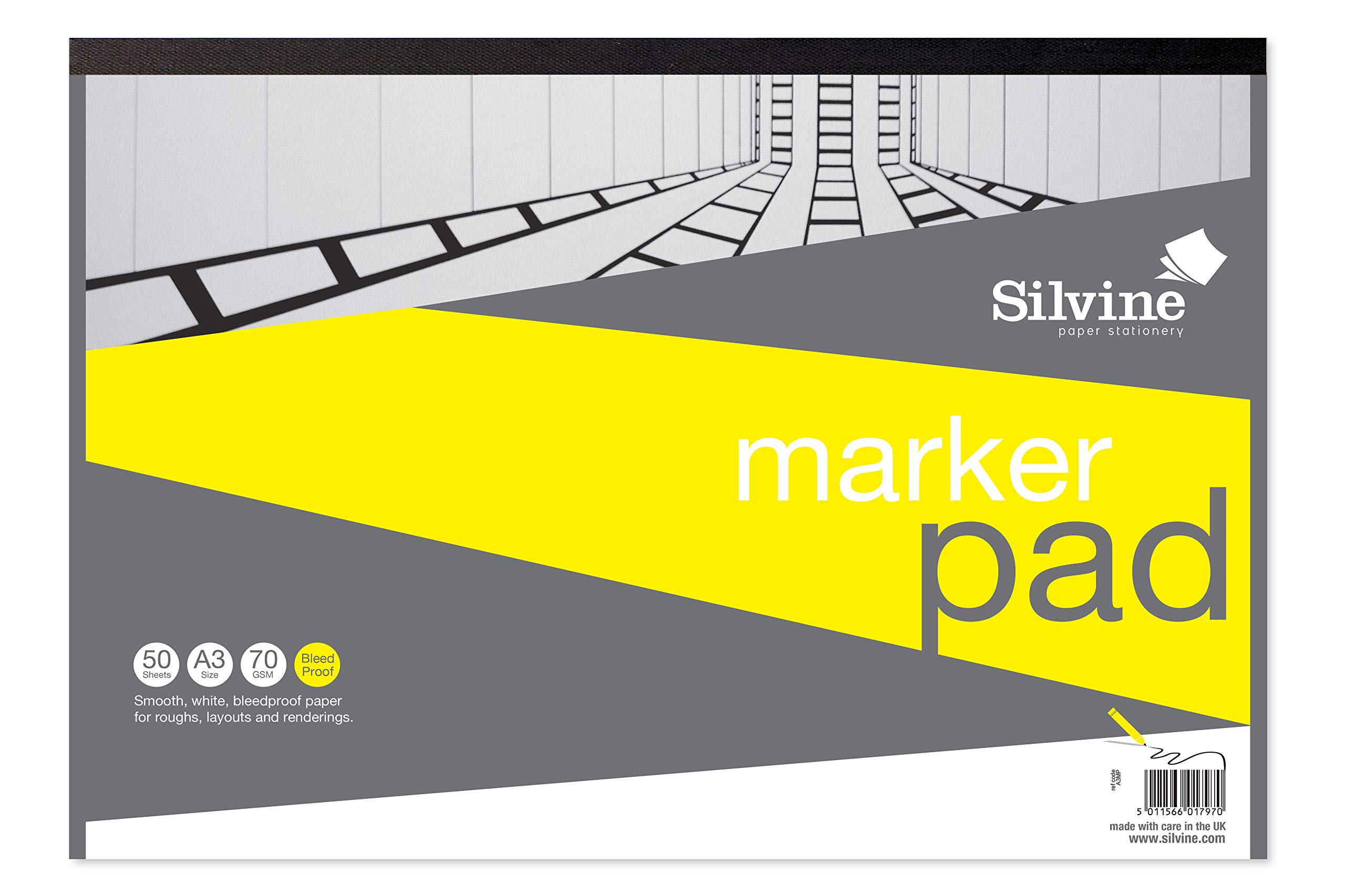 Silvine A3 Professional Bleedproof Marker Pad. 50 Sheets of Quality Bleedproof Paper (70gsm). Ref A3MP