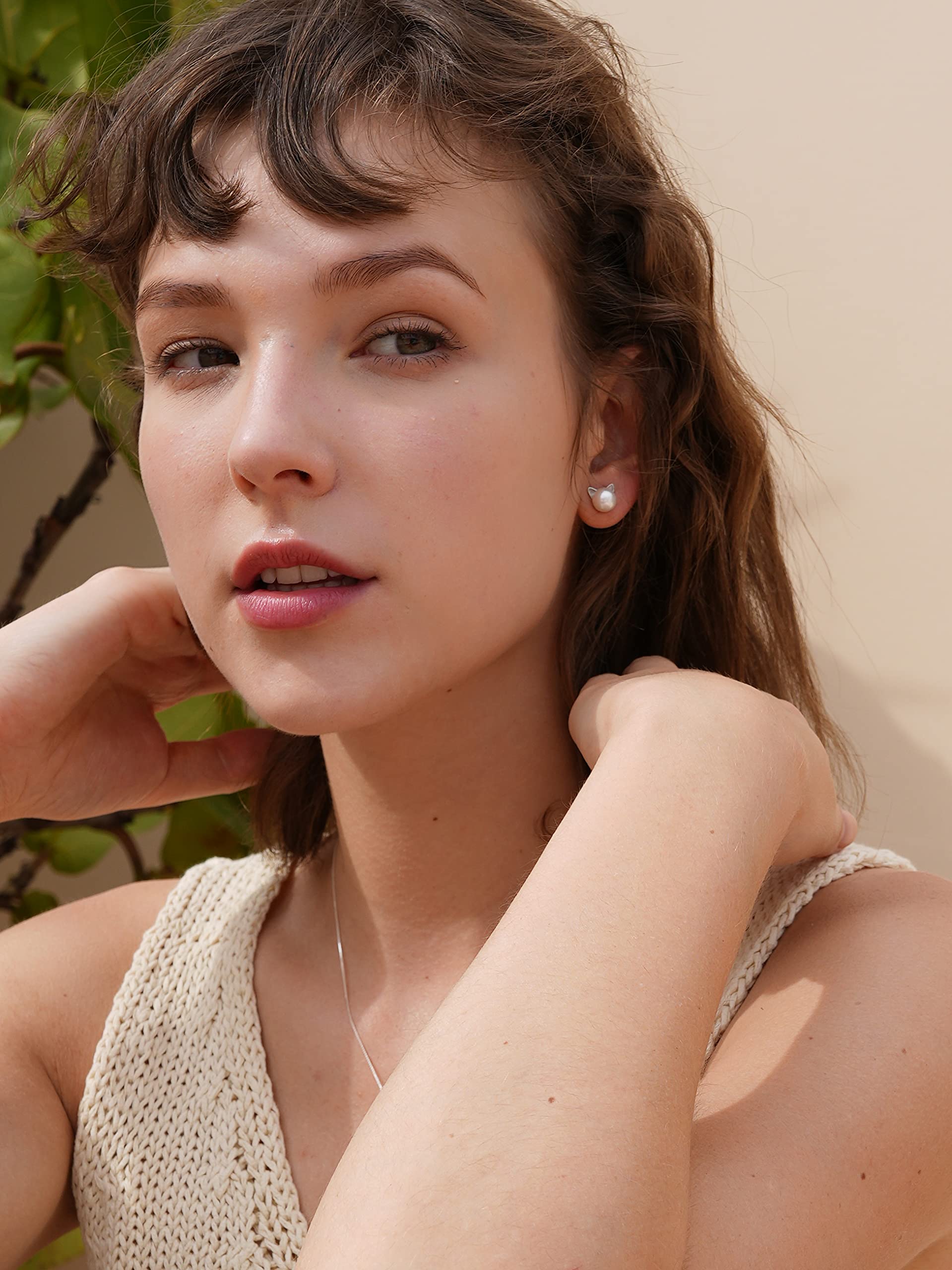 S.Leaf Cat Pearl Earrings for Women 925 Sterling Silver Hypoallergenic Cat Memorial Gifts Lovers Jewelry Earrings for Women Best Friend Birthday Gifts for Women Trendy Sister Mom Wife Womens Her Friend Party