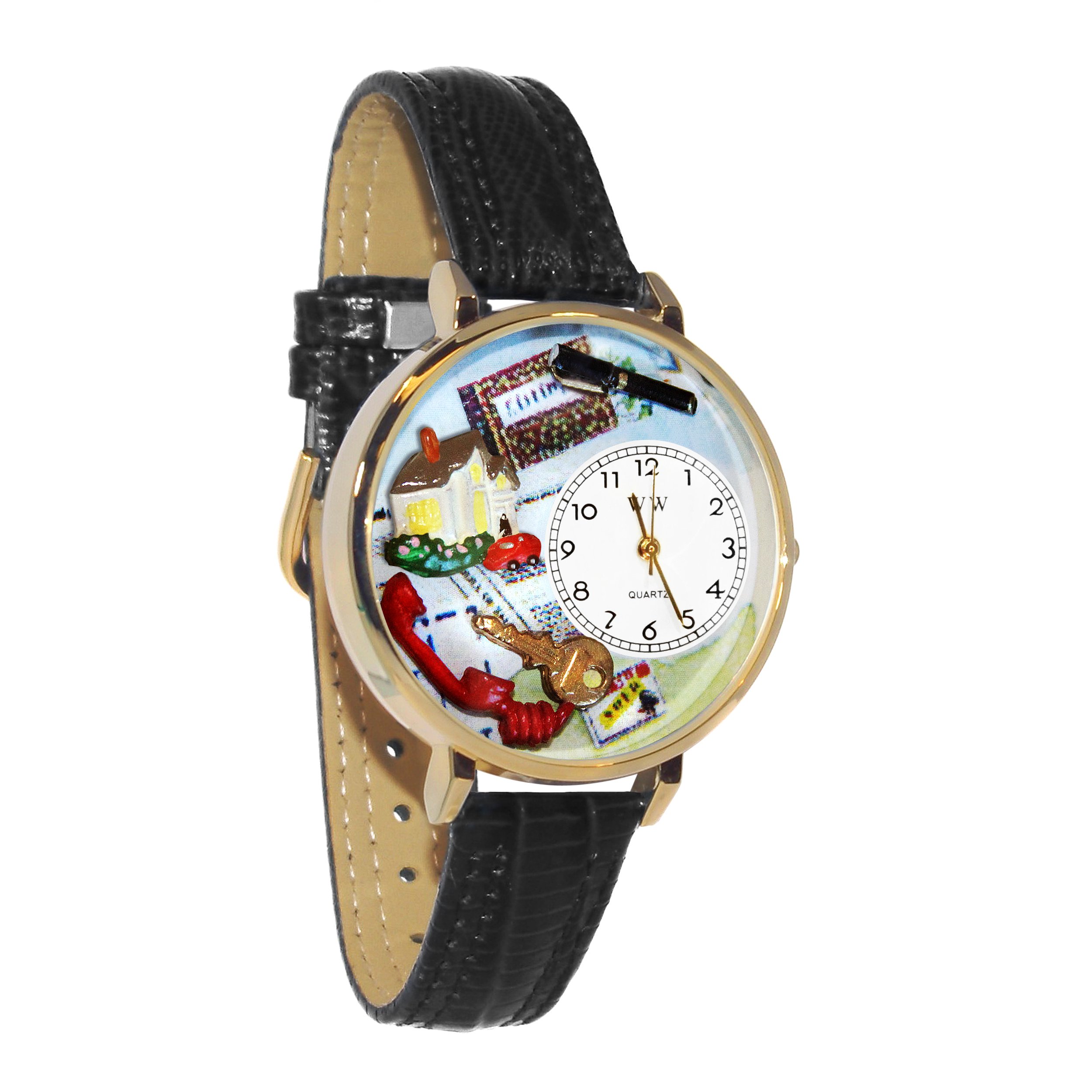 Whimsical Watches Realtor Black Skin Leather and Goldtone Unisex Quartz Watch with White Dial Analogue Display and Multicolour Leather Strap G-0610006