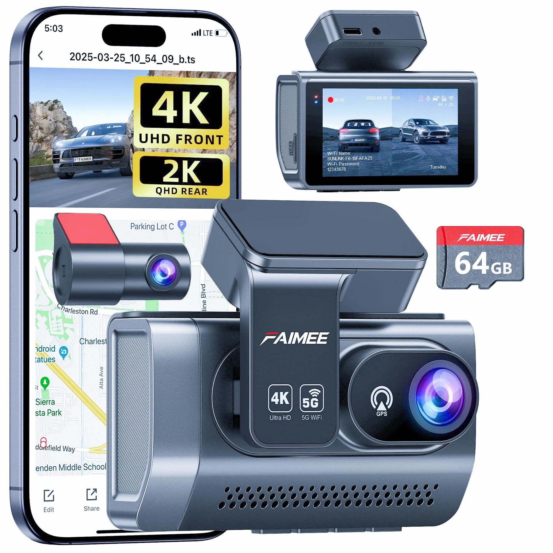 Photo 1 of 4K+2K Dash Cam Front and Rear, Dash Camera for Cars 2 Channel, 64GB Card Included, 5.8G/2.4G Dual WiFi, Built-in GPS, Night Vision, WDR, 170°Wide Angle, G-Sensor Emergency Lock, 24H Parking Monitor