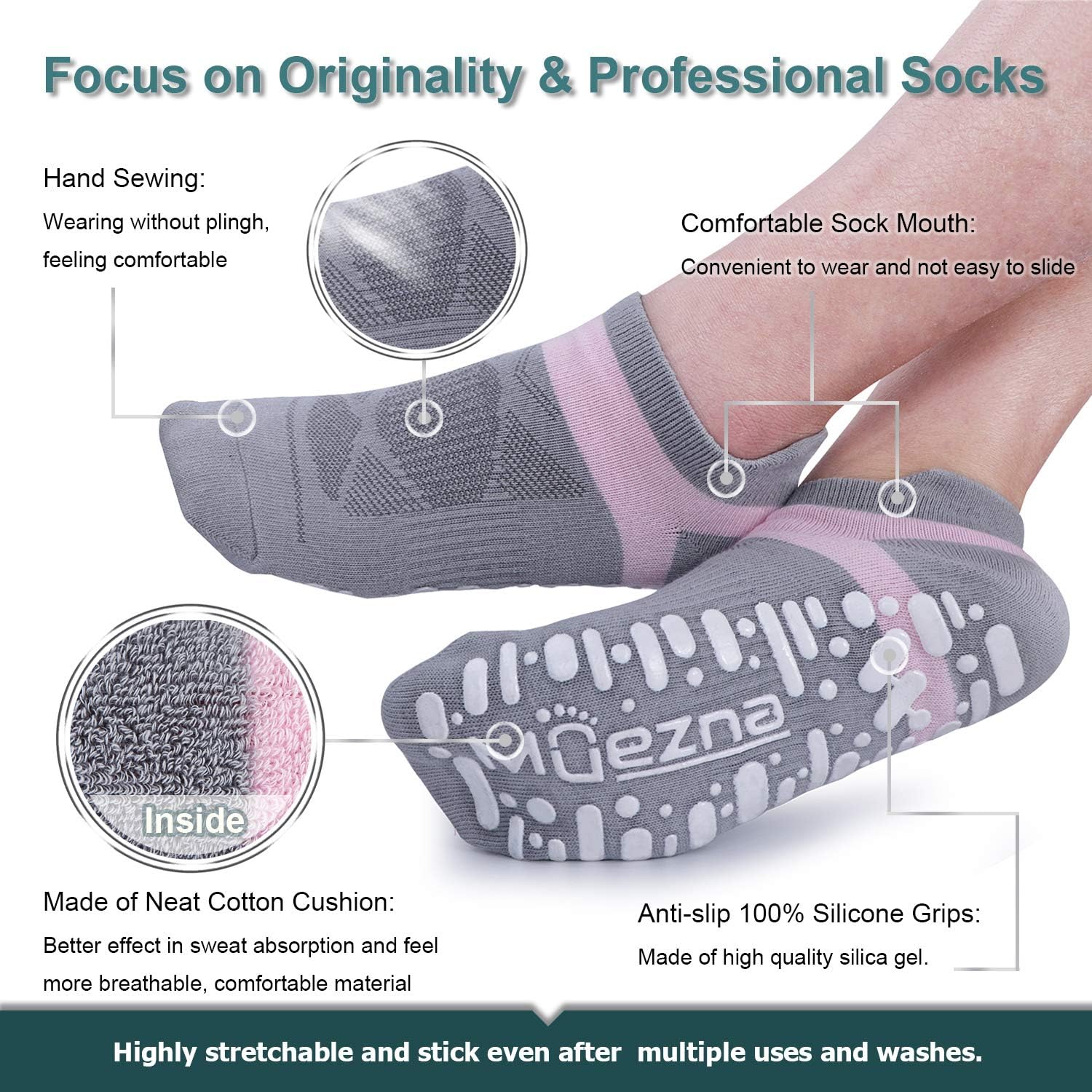 Muezna Non Slip Yoga Socks for Women, Anti-Skid Pilates, Barre, Bikram Fitness Socks with Grips, Size 5-10 : Clothing