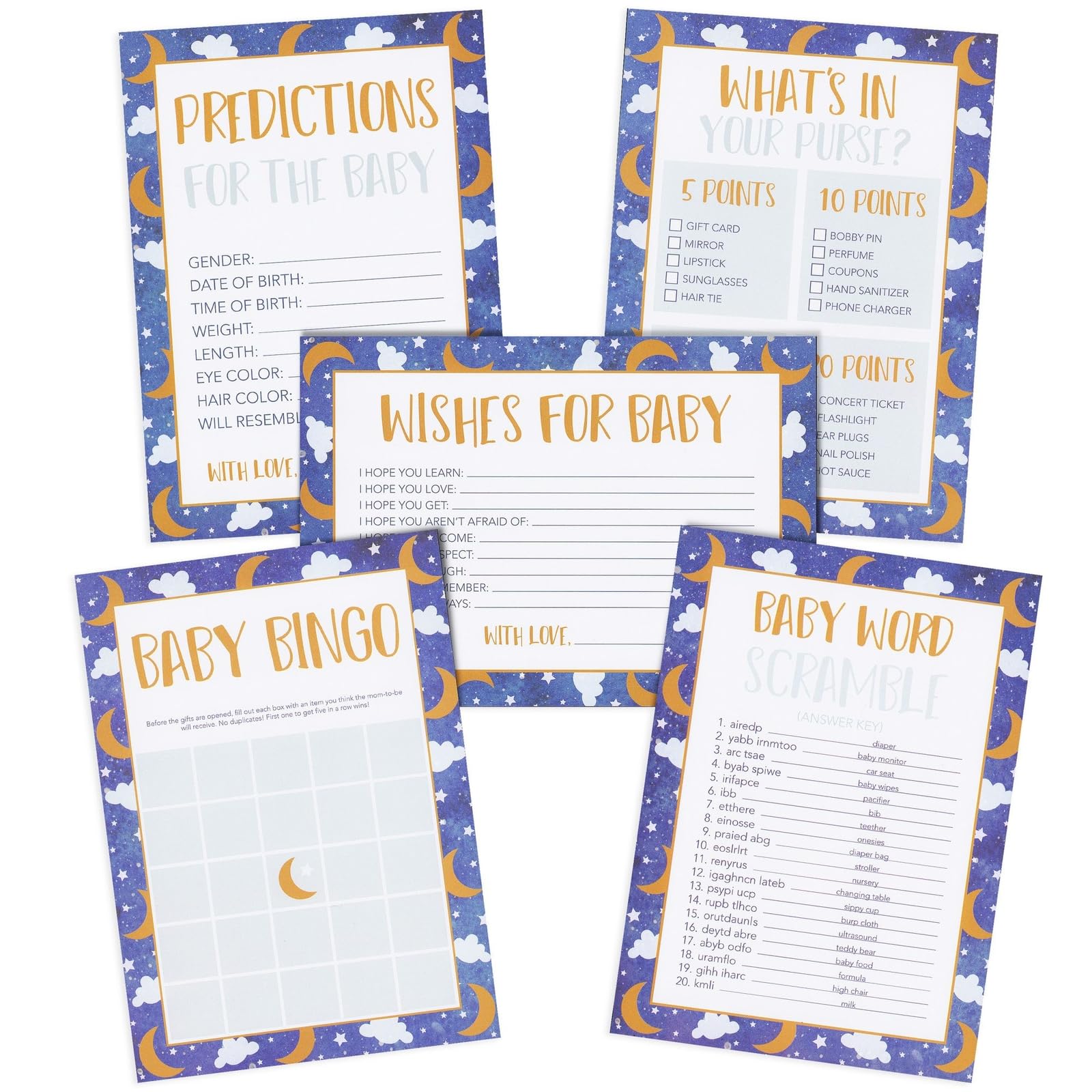 Juvale Baby Shower Game Card Packs - 5-Set Party Activity Supplies For 50 Guests, Including Bingo, Word Scramble, And Well Wishes, Moon, Clouds, And Stars Design, 50 Sheets, 5 X 7 Inches