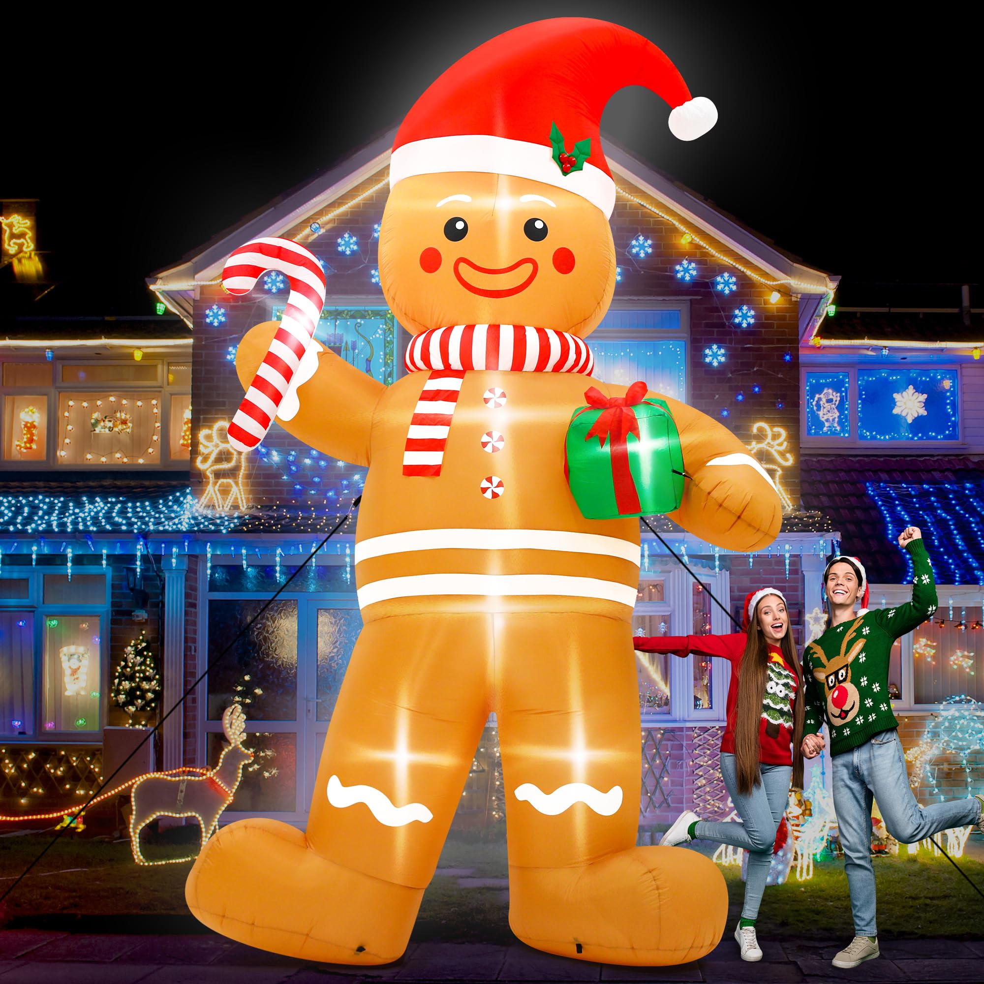 Photo 1 of 12FT Christmas Inflatables, Giant Blow Up Christmas Gingerbread Man Decorations, Lighted Up Xmas Gingerbread with Red Hat and Candy Cane, Pre-lit Christmas Archway Inflatable Decor for Yard Lawn