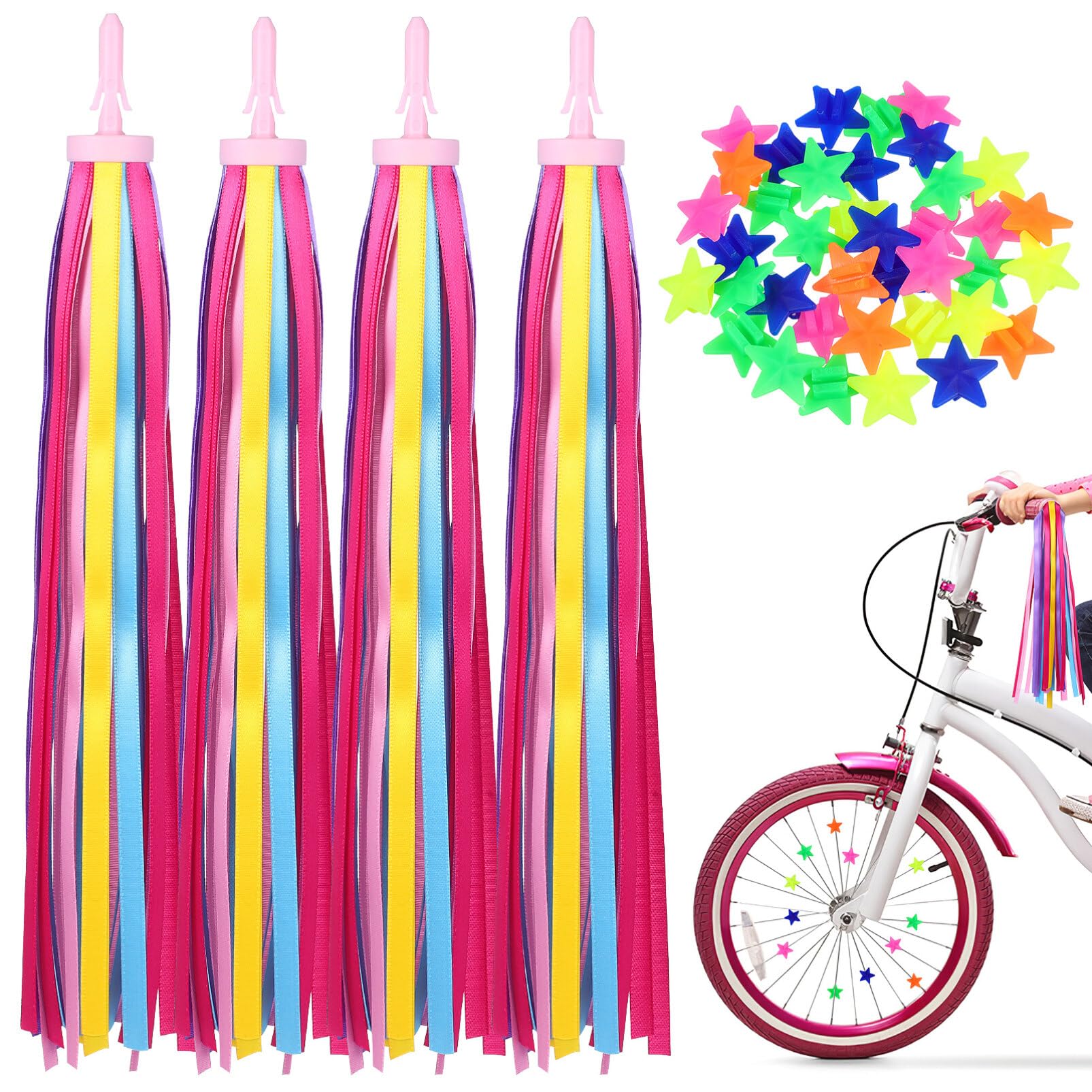TOYANDONA Kids Bike Accessories Set, 2 Pack Bike Tassels and 36Pcs Spoke Beads for Kids Girls, Rainbow Bike Accessories Colorful Tassel Ribbons Bicycle Clip Beads for Kids Bike Accessories
