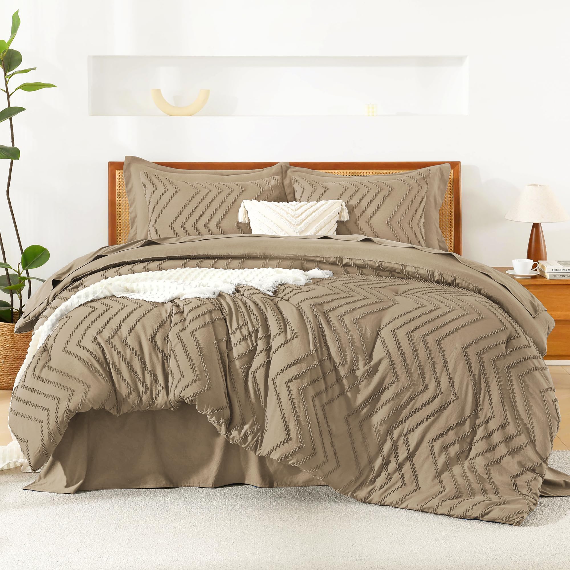 Photo 1 of Litanika Oversized King Size Comforter Set with Sheets Taupe - 7 Pieces Bed in a Bag Oversized King Boho Tufted Complete Bedding Sets with Comforter, Sheets, Pillowcases & Shams