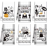 Redbaker 6 Pcs Black Cat Theme Kitchen Towels Funny Dish Towel Black White Kitchen Hand Dishcloth Kitty Decorative Tea Dishcloth with Hanging Loop for Cat Lover Bathroom Home Housewarming Gift