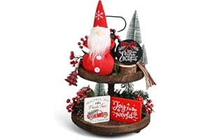BFAZKXY Christmas Decor, Christmas Decorations Indoor, 5PCS Christmas Tiered Tray Decor, Christmas Table Decorations Wood Signs Candy Gnomes Plush Set, Farmhouse Home Room Kitchen Mantle Decor