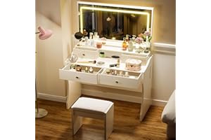 COMHOMA Makeup Vanity Desk with Mirror and Lights, Vanity Table and Chair Set with 5 Drawers and Charging Station, Bedroom Dresser LED Mirror Stepless Dimmable & 3 Color Modes Adjustable, White