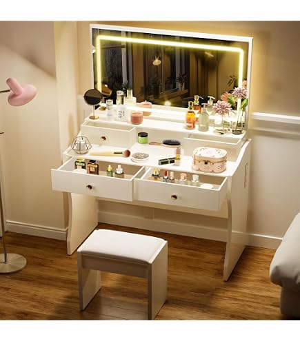 Tocador De Maquillaje Con Espejo LED JoliJour - 90x40x140 Cm, 2 Cajones, Estación De Carga Y 3 Luces Ajustables