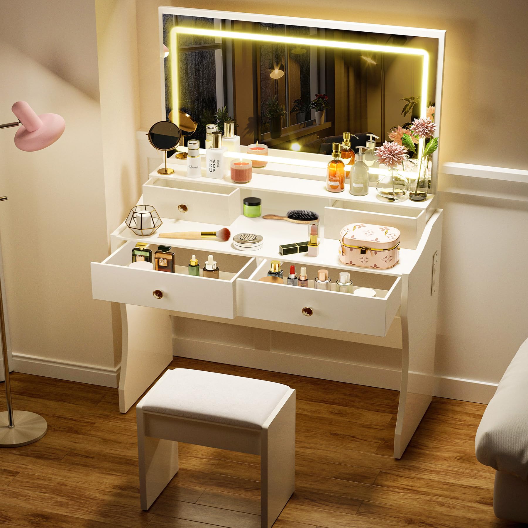 Photo 1 of COMHOMA Makeup Vanity Desk with Mirror and Lights, Vanity Table and Chair Set with 5 Drawers and Charging Station, Bedroom Dresser LED Mirror Stepless Dimmable & 3 Color Modes Adjustable, Pure White
